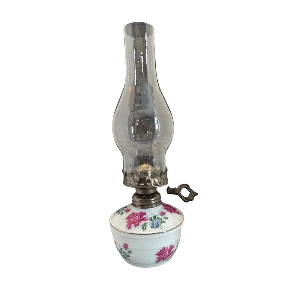 Vintage Floral Porcelain Oil Lamp -Pink Rose Transferware Kerosene Lamp